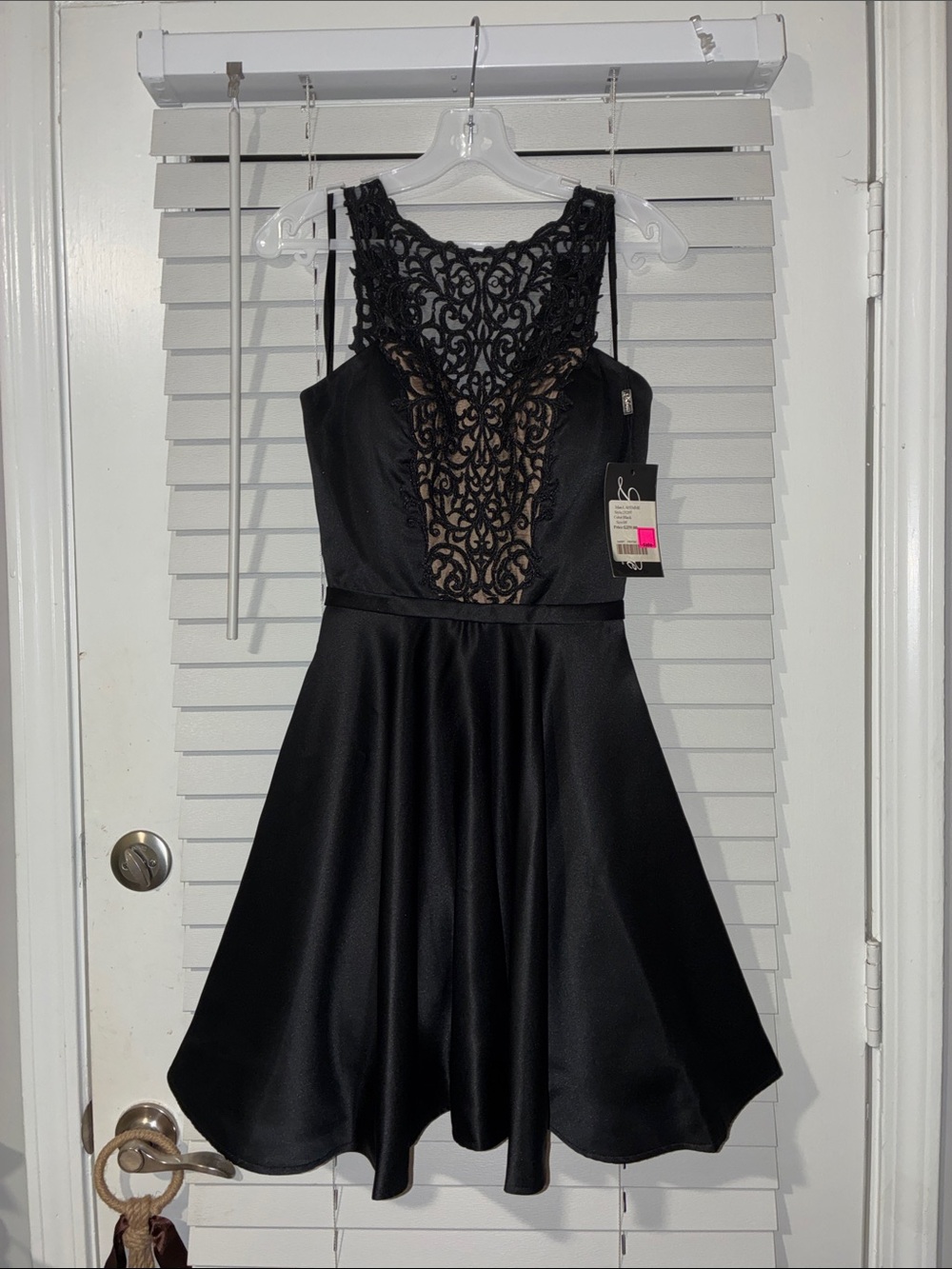 La Femme Black Lace-Inset Satin Mini Dress - Picture 2 of 8
